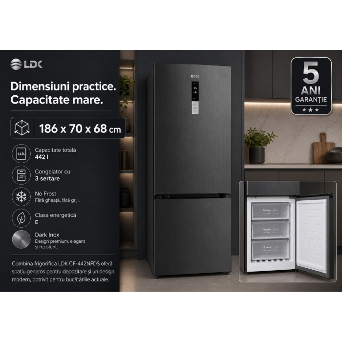 Combina frigorifica LDK CF-442NFDS, Capacitate 442 l, Latime 70 cm, Control Touch, MultiAir Flow, Rafturi Sticla, Crisper Box, H 186 cm, Clasa E, Dark Inox [13]