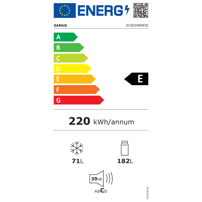 Combina frigorifica Samus SCW358NFIE, 253 L, Full No Frost, Motor Dual Inverter, Clasa E, 182 L Frigider + 71 L Congelator, Usi reversibile, LED, Alb [3]