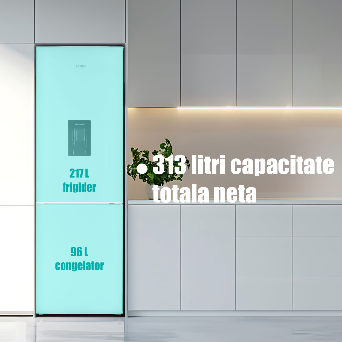 Combina frigorifică Samus SCW396ED, 313 L net (217 L frigider + 96 L congelator), dozator apă, clasa E, iluminare LED, uși reversibile, dezghețare automată frigider [5]
