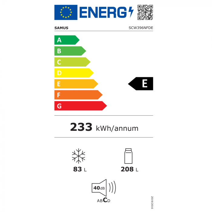 Combina frigorifică Samus SCW396NFDE, 286 L net (210 L frigider + 83 L congelator), Full No‑Frost, dozator de apă, LED, clasa E, uși reversibile [5]