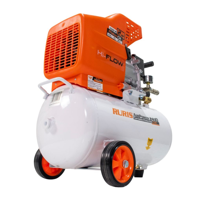 Compresor aer RURIS AirPower 2400, 24L, 8 bar, debit 180 l/min, motor electric 2850 rpm, 2 ieșiri cu manometru, țeavă aer cupru, roți transport [4]
