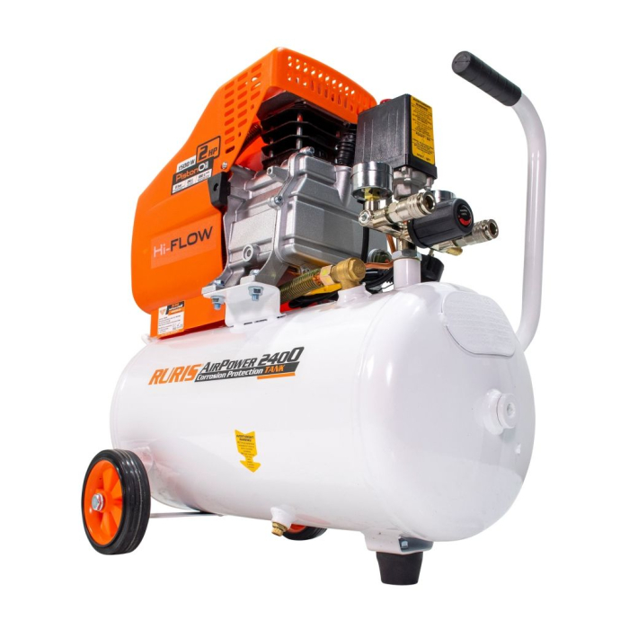 Compresor aer RURIS AirPower 2400, 24L, 8 bar, debit 180 l/min, motor electric 2850 rpm, 2 ieșiri cu manometru, țeavă aer cupru, roți transport [2]