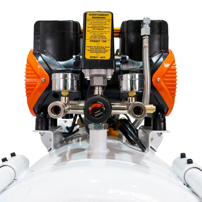 Compresor aer RURIS Silent Power 10000 OilFree, 3000W, 100L, 8 bar, debit 528 l/min, silențios, fără ulei, 2 cilindri, 2 ieșiri cu manometru, protecții multiple, roți transport [6]
