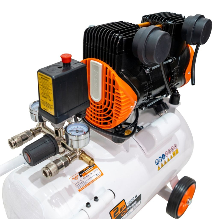 Compresor aer RURIS Silent Power 2400 OilFree, 1500W (2 CP), 24L, 8 bar, debit 236 l/min, silențios, fără ulei, 2 cilindri, 2 ieșiri cu manometru, protecții multiple [7]