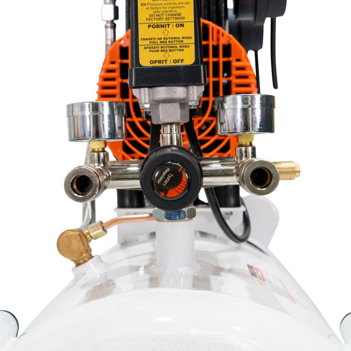 Compresor aer RURIS Silent Power 5000 OilFree, 1500W (2 CP), 50L, 8 bar, debit 236 l/min, silențios, fără ulei, 2 cilindri, 2 ieșiri cu manometru, protecții multiple, roți transport [5]