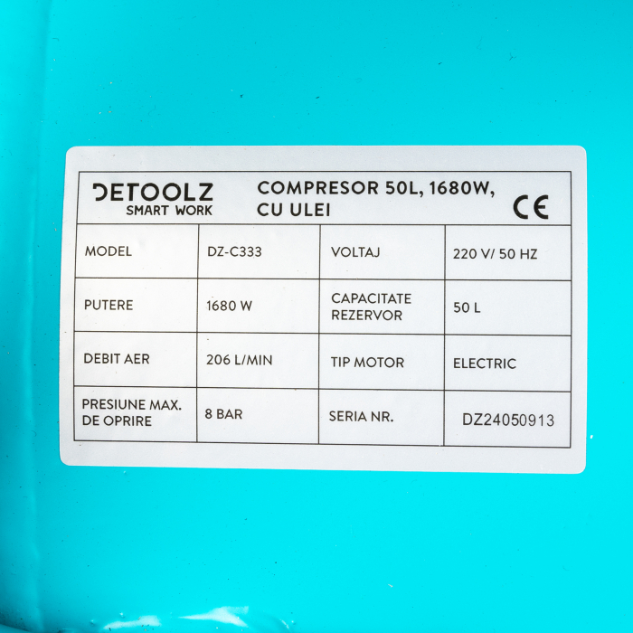 Compresor cu ulei, 1680 W, 50 l, debit 206L/min, 8 bar, 2 prize de aer,  Detoolz [16]