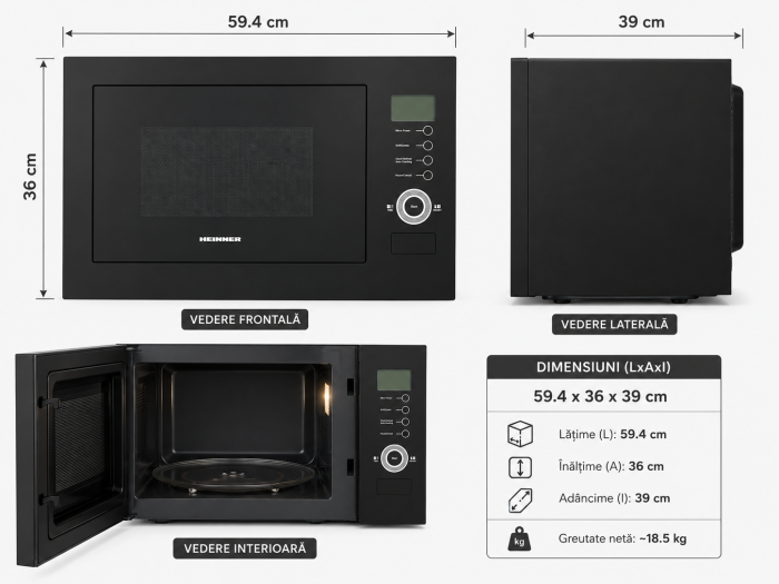 Cuptor cu microunde incorporabil Heinner HMW-25BIGBK, 25 L, 900 W, Grill, Display LCD, Sticla Neagra [2]