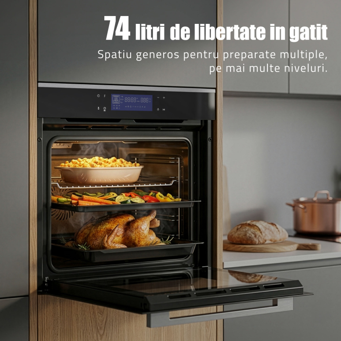 Cuptor Electric 74L, Clasa A+, 13 Funcții, Touch Control LED, Panou Sticlă Neagră – Grill, Convectie 3D, Autocurățare Catalitică [3]