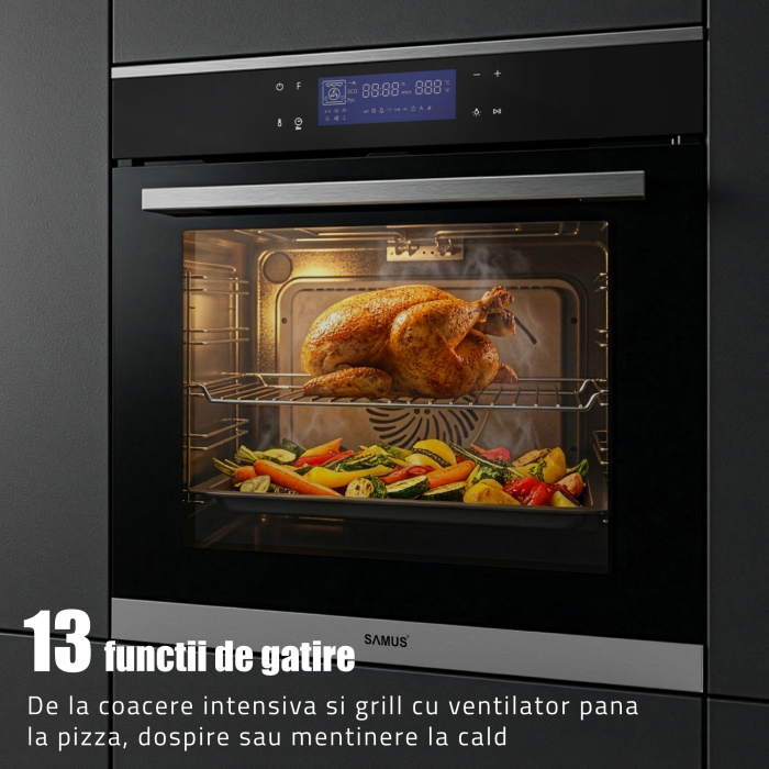 Cuptor Electric 74L, Clasa A+, 13 Funcții, Touch Control LED, Panou Sticlă Neagră – Grill, Convectie 3D, Autocurățare Catalitică [4]