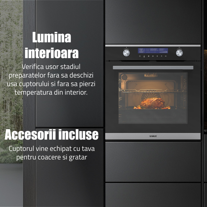 Cuptor Electric 74L, Clasa A+, 13 Funcții, Touch Control LED, Panou Sticlă Neagră – Grill, Convectie 3D, Autocurățare Catalitică + Accesorii Incluse [13]