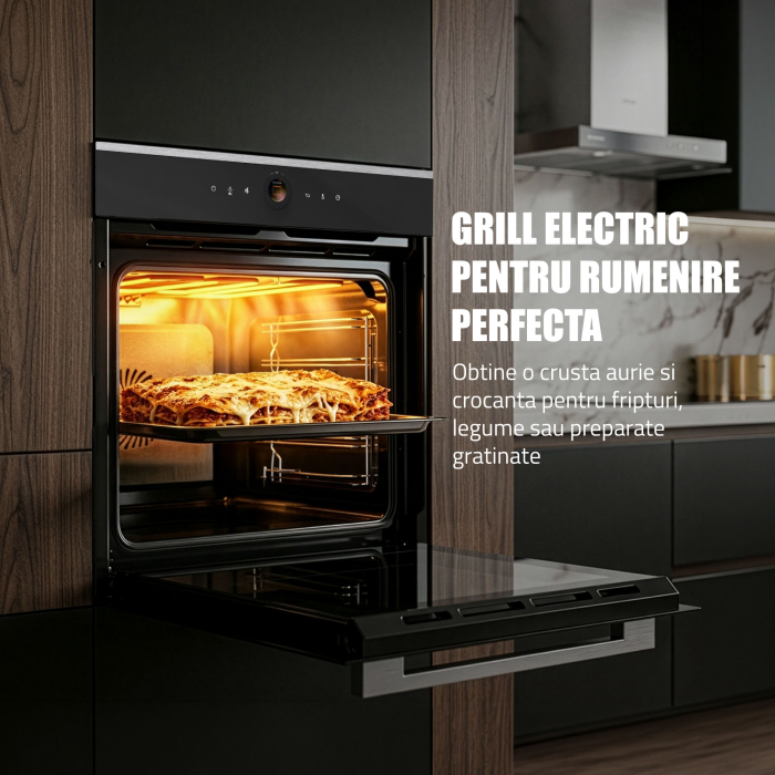 Cuptor Electric 74L, Clasa A+, 15 Funcții, Touch Control TFT, Curatare catalitica, Ventilator, Panou Sticlă Neagră – Grill, Air Fryer + Accesorii Incluse [8]