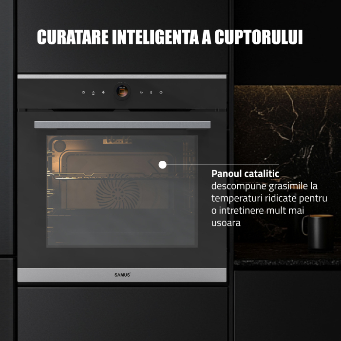 Cuptor Electric 74L, Clasa A+, 15 Funcții, Touch Control TFT, Curatare catalitica, Ventilator, Panou Sticlă Neagră – Grill, Air Fryer + Accesorii Incluse [14]