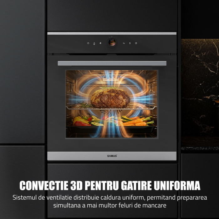 Cuptor Electric 74L, Clasa A+, 15 Funcții, Touch Control TFT, Curatare catalitica, Ventilator, Panou Sticlă Neagră – Grill, Air Fryer + Accesorii Incluse [7]