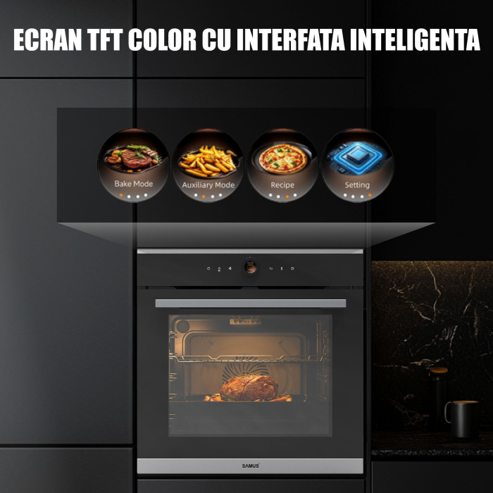 Cuptor Electric 74L, Clasa A+, 15 Funcții, Touch Control TFT, Curatare catalitica, Ventilator, Panou Sticlă Neagră – Grill, Air Fryer + Accesorii Incluse [4]