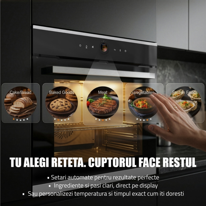 Cuptor Electric 74L, Clasa A+, 15 Funcții, Touch Control TFT, Curatare catalitica, Ventilator, Panou Sticlă Neagră – Grill, Air Fryer + Accesorii Incluse [5]
