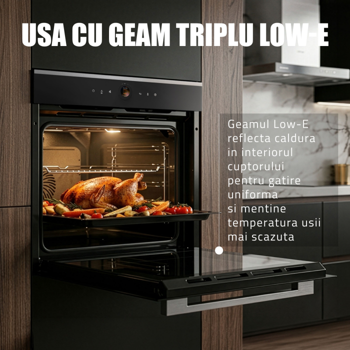 Cuptor Electric 74L, Clasa A+, 15 Funcții, Touch Control TFT, Curatare catalitica, Ventilator, Panou Sticlă Neagră – Grill, Air Fryer + Accesorii Incluse [15]