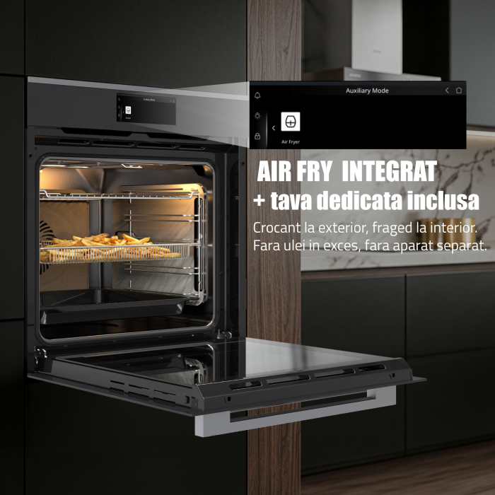 Cuptor Electric 74L, Clasa A+, 15 Funcții, Touch Control TFT, Panou Sticlă Neagră – Grill, Air Fryer, Curatare catalitica, Ventilator, Timer Digital, Deshidratare + Accesorii Incluse [12]