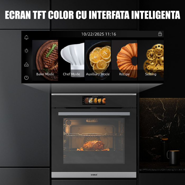 Cuptor Electric 74L, Clasa A+, 15 Funcții, Touch Control TFT, Panou Sticlă Neagră – Grill, Air Fryer, Curatare catalitica, Ventilator, Timer Digital, Deshidratare + Accesorii Incluse [3]
