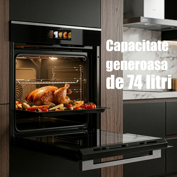 Cuptor Electric 74L, Clasa A+, 15 Funcții, Touch Control TFT, Panou Sticlă Neagră – Grill, Air Fryer, Curatare catalitica, Ventilator, Timer Digital, Deshidratare + Accesorii Incluse [2]