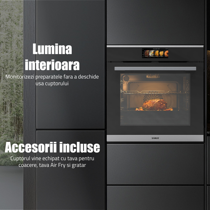 Cuptor Electric 74L, Clasa A+, 15 Funcții, Touch Control TFT, Panou Sticlă Neagră – Grill, Air Fryer, Curatare catalitica, Ventilator, Timer Digital, Deshidratare + Accesorii Incluse [15]