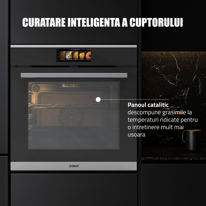 Cuptor Electric 74L, Clasa A+, 15 Funcții, Touch Control TFT, Panou Sticlă Neagră – Grill, Air Fryer, Curatare catalitica, Ventilator, Timer Digital, Deshidratare + Accesorii Incluse [13]