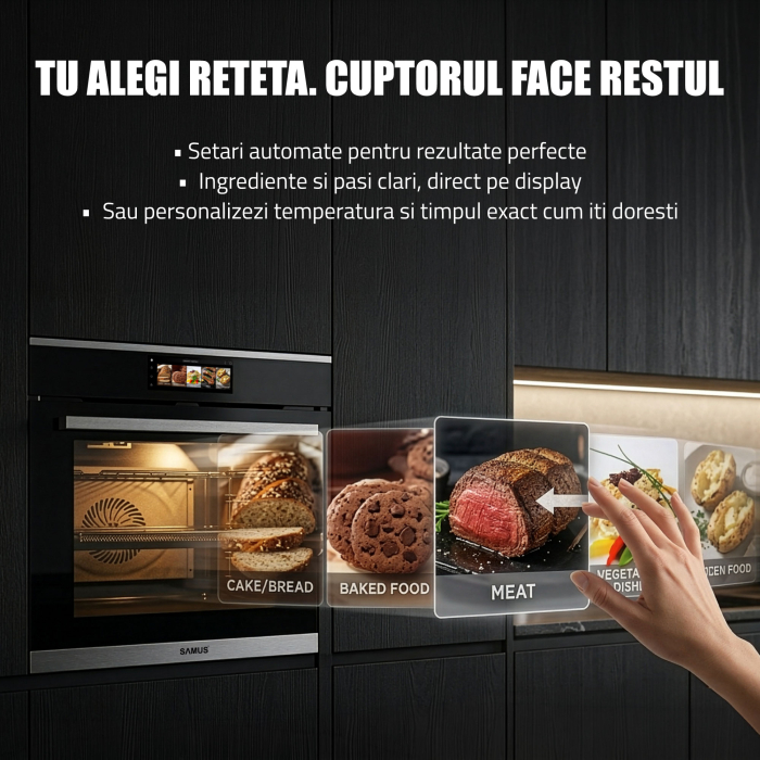 Cuptor Electric 74L, Clasa A+, 15 Funcții, Touch Control TFT, Panou Sticlă Neagră – Grill, Air Fryer, Curatare catalitica, Ventilator, Timer Digital, Deshidratare + Accesorii Incluse [4]