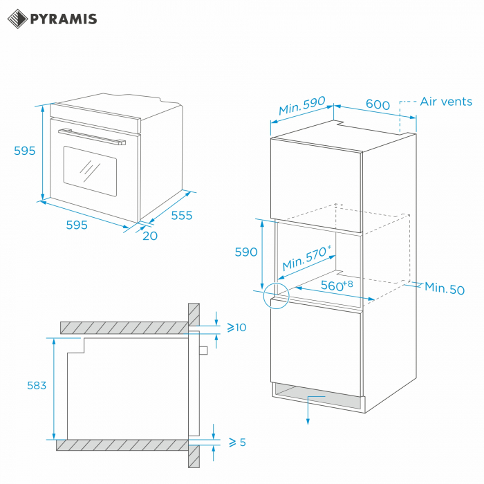 Cuptor electric incorporabil Pyramis 60IN 6070 Megalo Inox, 65L, 8 funcții de gătire, clasa  A, sistem Aqua Clean, control cu butoane rotative mari, ghidaje laterale ambutisate, timer mecanic, finisaj [3]