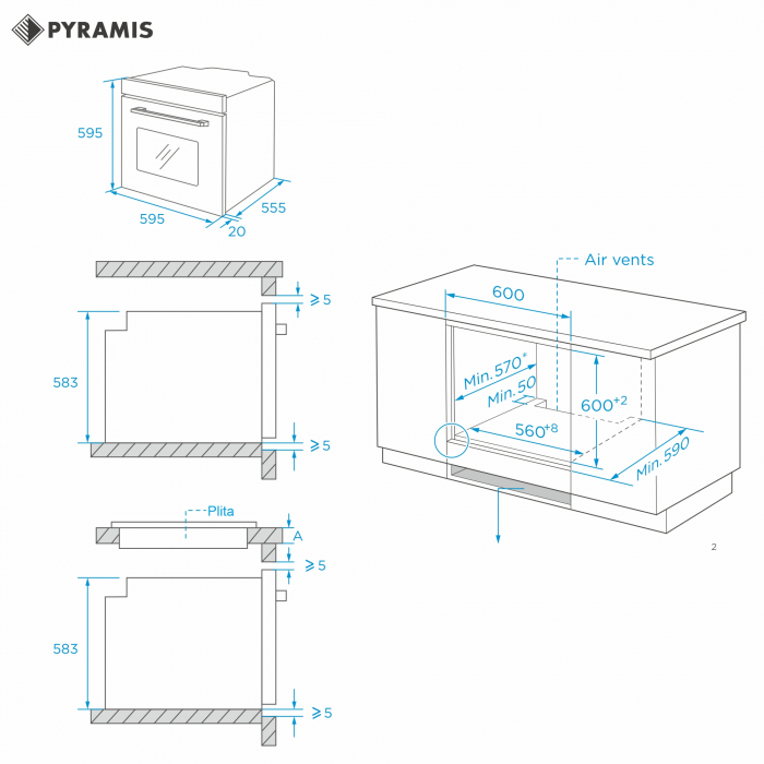 Cuptor electric incorporabil Pyramis 60IN 6070 Megalo Inox, 65L, 8 funcții de gătire, clasa  A, sistem Aqua Clean, control cu butoane rotative mari, ghidaje laterale ambutisate, timer mecanic, finisaj [2]
