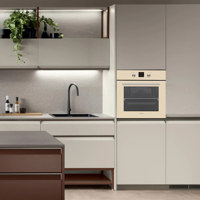 Cuptor electric Pyramis 60IN 2011 Beige Glass PP – 9 funcții, clasa A, volum 69L, butoane retractabile, Soft Close, timer electronic, afișaj digital, Rotisor, finisaj sticlă bej elegant [2]