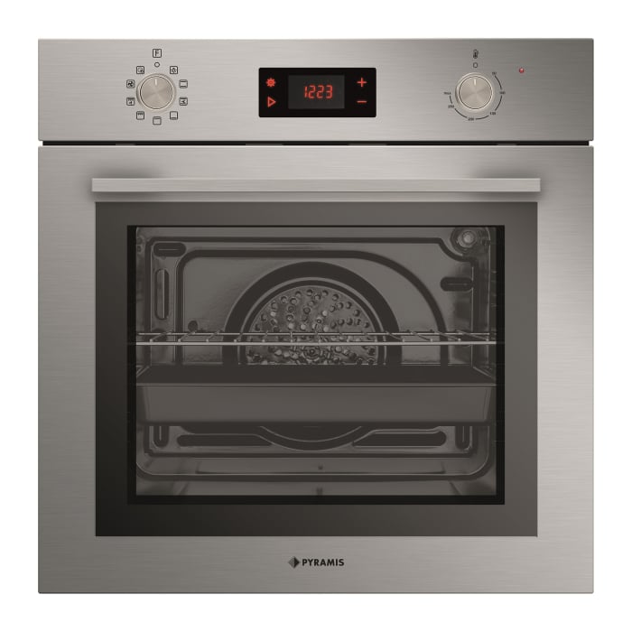 Cuptor electric Pyramis 731065 PKLED Inox – 9 funcții, clasa A, volum 73L, butoane retractabile, Soft Close, timer digital, funcție Pizza, finisaj inox antiamprentă [1]