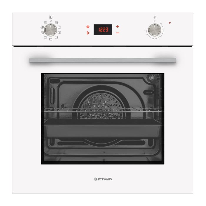 Cuptor electric Pyramis 731065 PKLED White Glass – 73L, 9 funcții, clasa A, Soft Close, butoane retractabile, timer digital, funcție Pizza, finisaj sticlă albă [1]