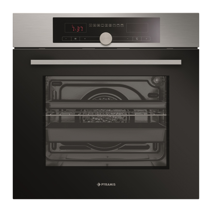 Cuptor electric Pyramis 732240 CKLED Inox – 9 funcții, clasa A, volum 73L, buton rotativ central, Soft Close, timer digital, indicator căldură reziduală, Turbo Fan, finisaj inox antiamprentă și sticlă [1]