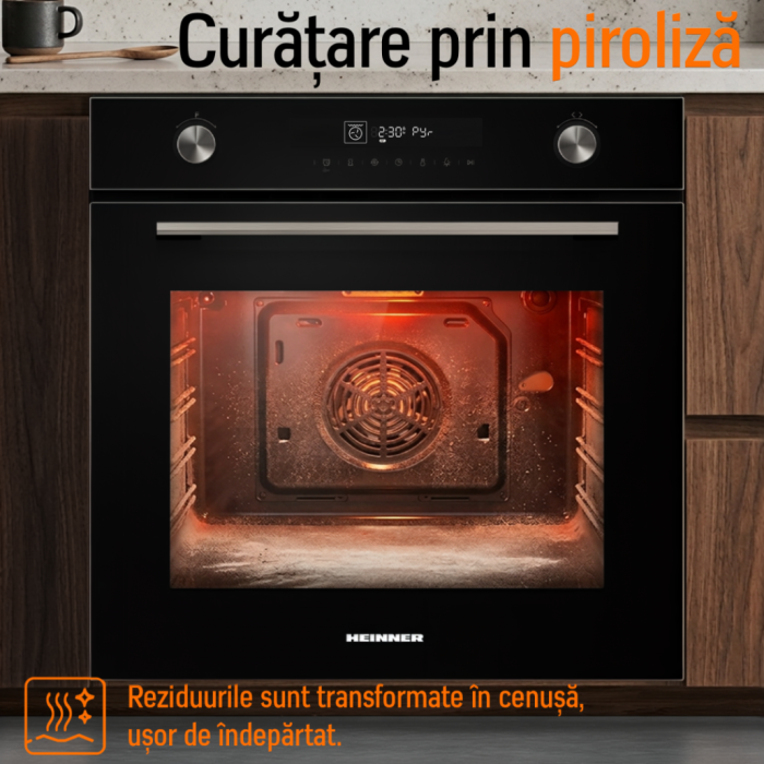 Cuptor incorporabil HEINNER HBO-M7212GCDRP-GBK, electric, 72L, clasa A+, 12 funcții, autocurățare pirolitică, funcție Pizza, fermentare, suport telescopic, sticlă neagră [6]