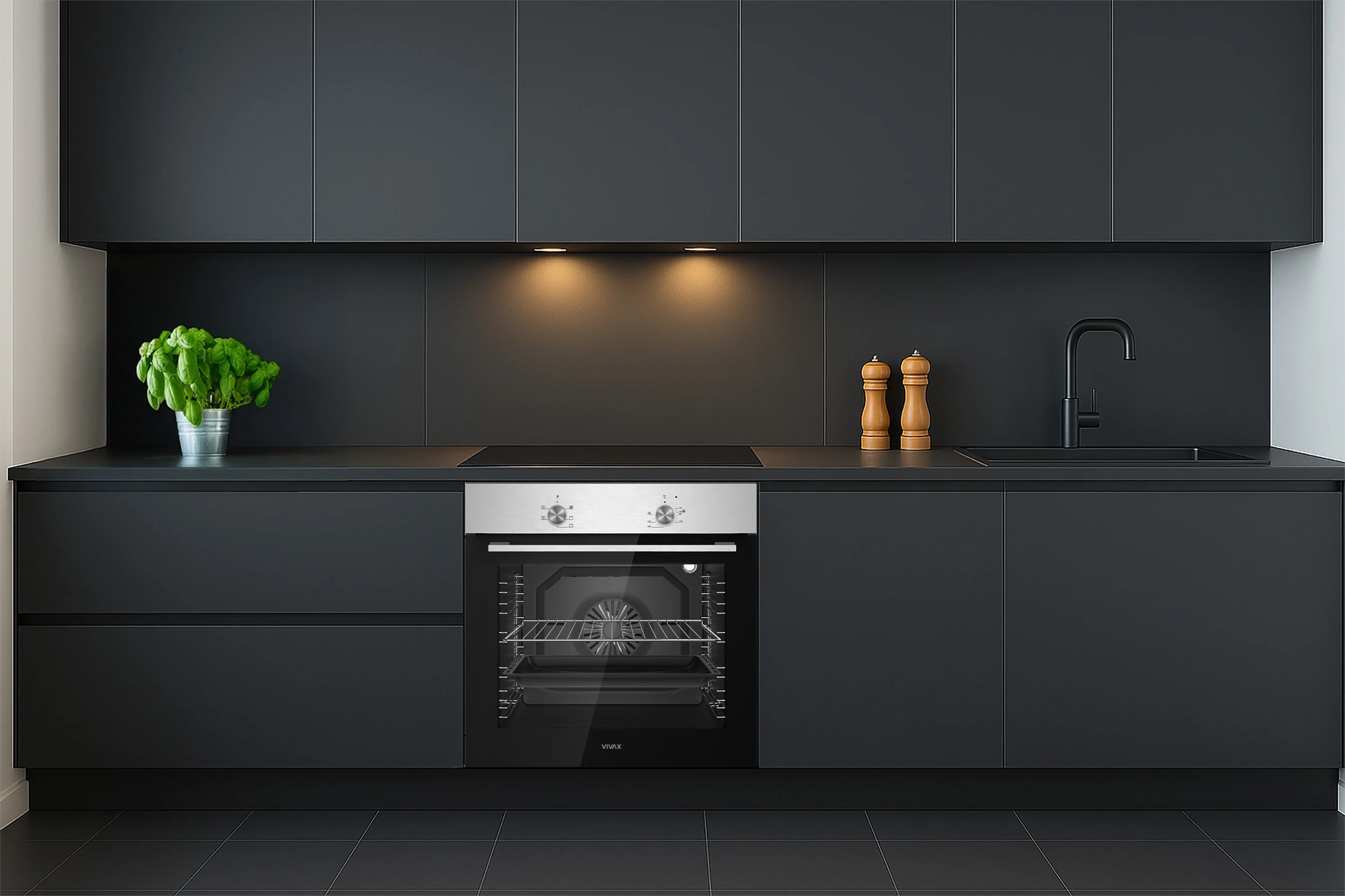 Cuptor incorporabil VIVAX BO-806BFM X, Electric, Clasa A, Capacitate 80 l, 5 programe + Lumina, Grill, Convectie, Dezghetare, Temperatura ajustabila 40–240°C, 2500W, Ventilatie tangentiala de racire,  [2]