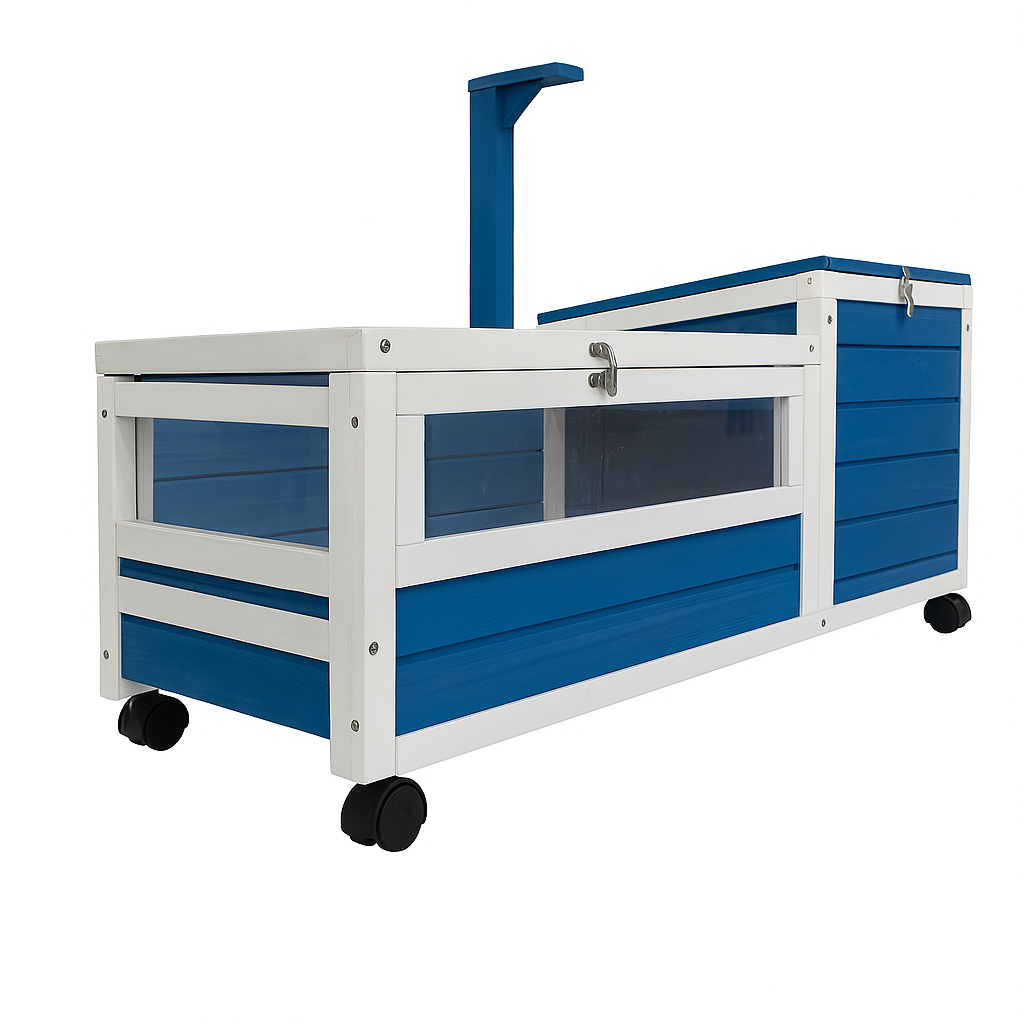 Cușcă mobilă din lemn pentru broaște țestoase și reptile BUNTZ, cu acoperiș rabatabil, tăvi detasabile, roți, 99.5 x 33 x 43.5 cm, Albastru-Alb [7]