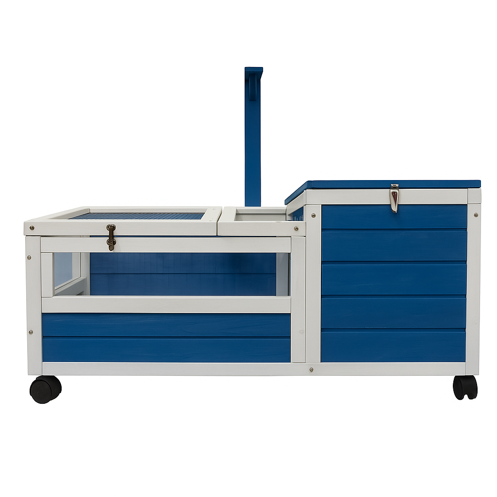 Cușcă mobilă din lemn pentru broaște țestoase și reptile BUNTZ, cu acoperiș rabatabil, tăvi detasabile, roți, 99.5 x 33 x 43.5 cm, Albastru-Alb [5]