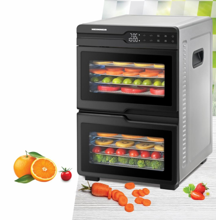 Deshidrator fructe, legume și carne Heinner DualDry Pro, 1200W, Timer 48H, Inox 1000-1200W, display led si control touch, dubla compartimentare, 12 tavi inox, 2 tavi rulouri fructe, 2 tavi grilaj maru [10]