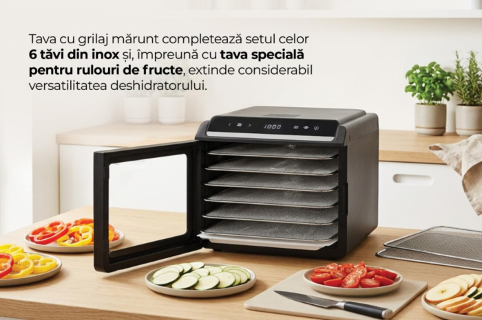 Deshidrator fructe și legume Heinner HFD-KD600BK, 14L, Temporizator și Control Temperatură, 500-600W, Display LED si control touch, 6 tavi inox, 1 tava rulouri fructe, 1 tava grilaj marunt, 35-75 grad [10]