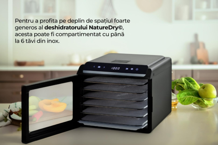 Deshidrator fructe și legume Heinner HFD-KD600BK, 14L, Temporizator și Control Temperatură, 500-600W, Display LED si control touch, 6 tavi inox, 1 tava rulouri fructe, 1 tava grilaj marunt, 35-75 grad [9]