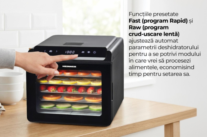 Deshidrator fructe și legume Heinner HFD-KD600BK, 14L, Temporizator și Control Temperatură, 500-600W, Display LED si control touch, 6 tavi inox, 1 tava rulouri fructe, 1 tava grilaj marunt, 35-75 grad [6]