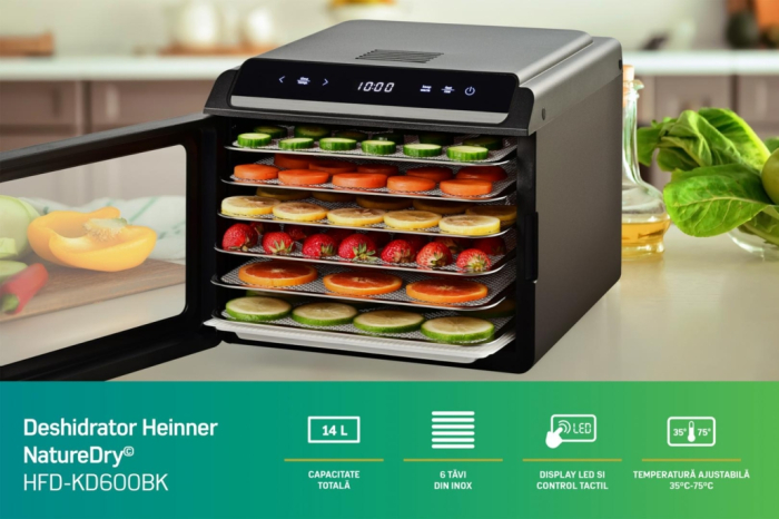 Deshidrator fructe și legume Heinner HFD-KD600BK, 14L, Temporizator și Control Temperatură, 500-600W, Display LED si control touch, 6 tavi inox, 1 tava rulouri fructe, 1 tava grilaj marunt, 35-75 grad [4]