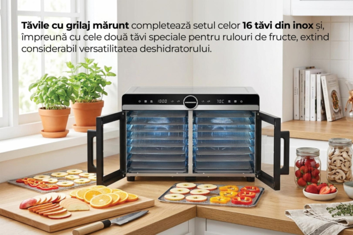 Deshidrator pentru fructe, legume și carne Heinner DualDry Elite, Display Touch, 1200-1400W, 16 Tăvi Inox, 29L, Dublă Zonă de Uscare, 35-80°C [10]