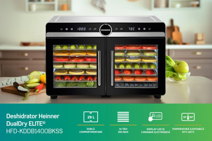Deshidrator pentru fructe, legume și carne Heinner DualDry Elite, Display Touch, 1200-1400W, 16 Tăvi Inox, 29L, Dublă Zonă de Uscare, 35-80°C [7]