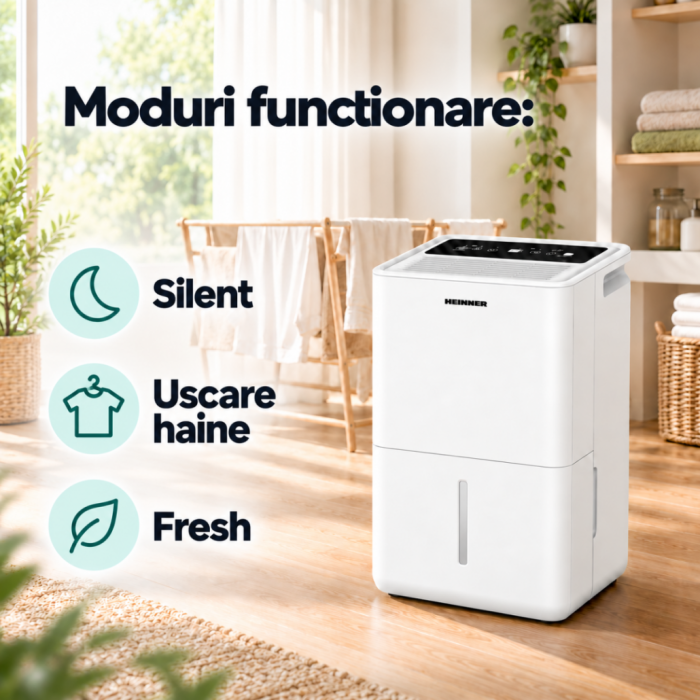 Dezumidificator Heinner HDU-M10F, Capacitate 10 L/24h, Rezervor 2,1 L, Display Digital, Funcție Uscare Haine, Fresh, Mod Silent, Timer 24h, Auto Dezghețare, Alb [4]