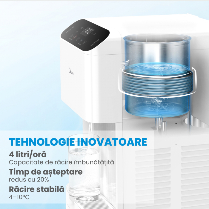 Dozator de apă Midea, conectare la rețeaua, filtre PAC & UF+C, răcire: 4L/h, rezervor apă rece: 3.6L, încălzire: 4 L/h, rezervor apă fierbinte: 1L, putere încalzire: 420W, putere răcire: 80W, interval [8]