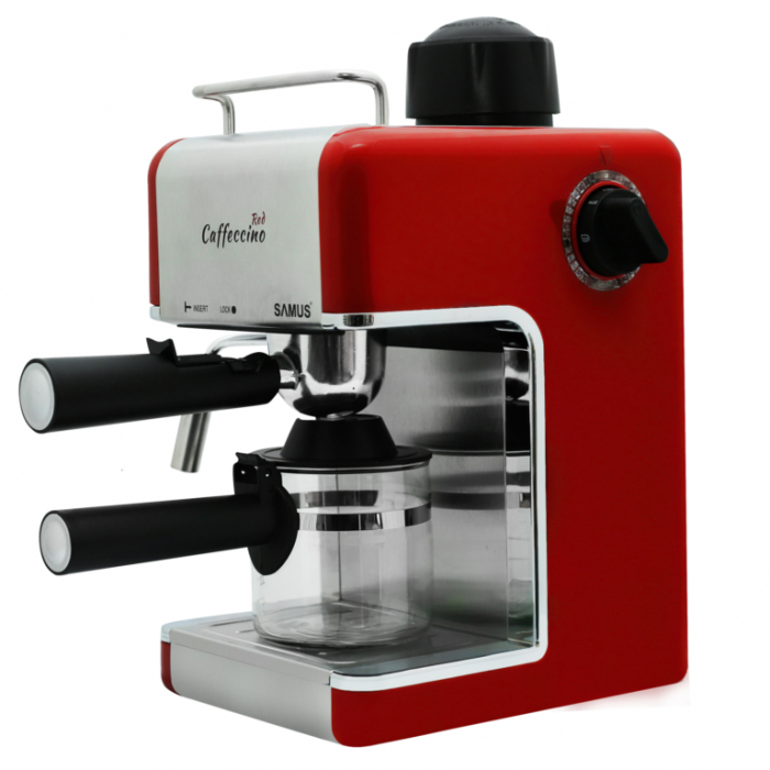 Espressor cafea Samus Caffecino, cafea macinata, buton reglaj cu indicator luminos, diuza capuccino, 3.5 bar, 800 W, capacitate 0.24 l, Rosu + inox [1]
