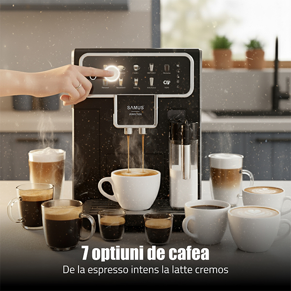 Espressor cafea Samus Perfection, automat, rasnita incorporata, cafea boabe, 15 bar, 7 bauturi automate, rezervor lapte 300 ml, 5 nivele de macinare, protectie supraincalzire, Negru [15]
