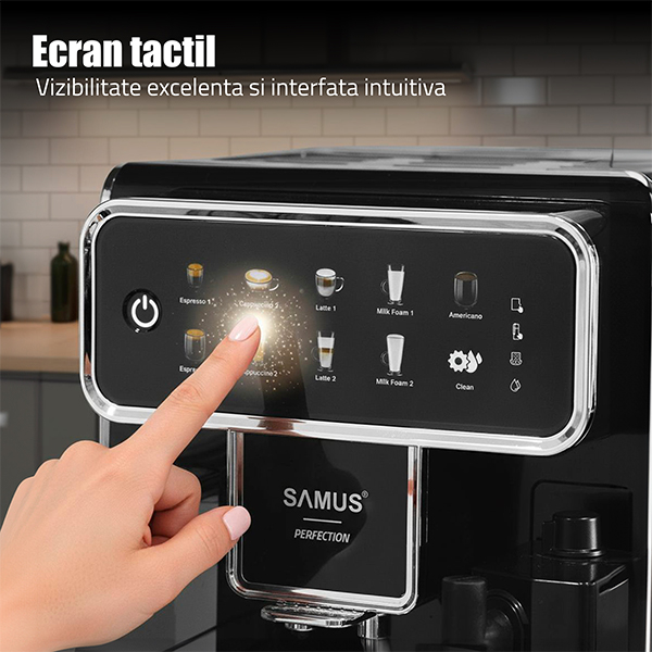 Espressor cafea Samus Perfection, automat, rasnita incorporata, cafea boabe, 15 bar, 7 bauturi automate, rezervor lapte 300 ml, 5 nivele de macinare, protectie supraincalzire, Negru [12]