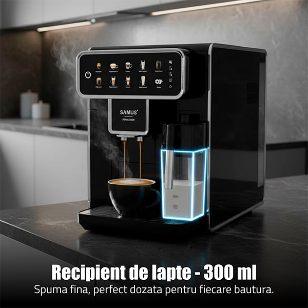 Espressor cafea Samus Perfection, automat, rasnita incorporata, cafea boabe, 15 bar, 7 bauturi automate, rezervor lapte 300 ml, 5 nivele de macinare, protectie supraincalzire, Negru [13]