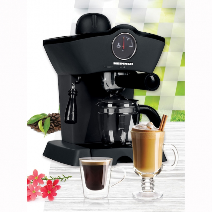 Espressor manual Heinner Retro Effect HEM-200BK, 800W, 3.5bar, capacitate rezervor 0.24L, termometru frontal apa, optiuni preparare: espresso si cappuccino, Negru [2]